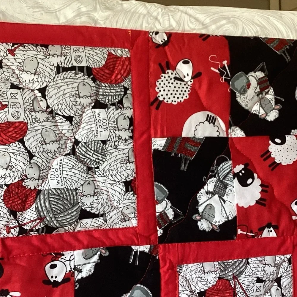 NWT. Black White and Red Sheep Lap Quilt Hand Crafted